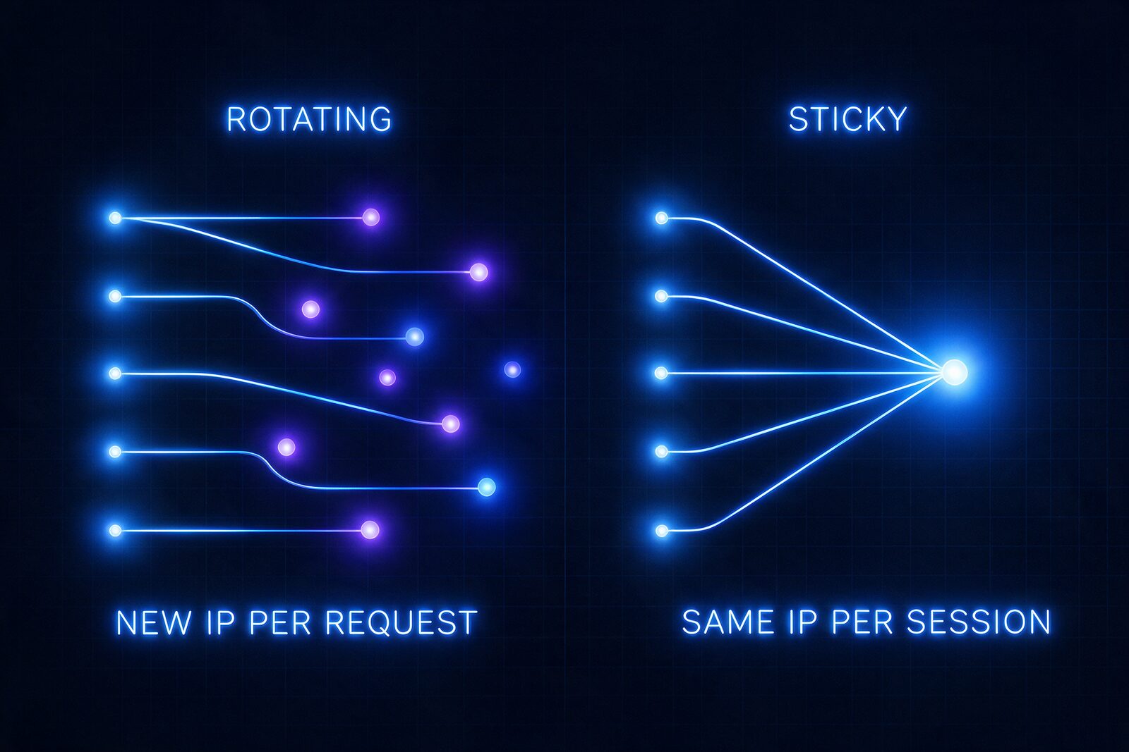 A neon diagram on a near-black background. On the left, five request dots each travel along their own line to a different glowing node, labelled ROTATING and NEW IP PER REQUEST. On the right, the same five request dots all converge on one glowing node, labelled STICKY and SAME IP PER SESSION. It shows that rotation spreads each request across a different address while a sticky session keeps every request on one.